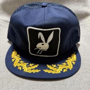 Vintage Playboy Bunny Laurel Trucker Hat Mesh Snapback Cap Navy Gold Embroidery
